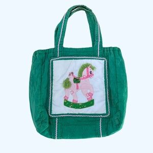 Vintage 80’s Children’s Green Quilted Book Bag With Rocking Horse